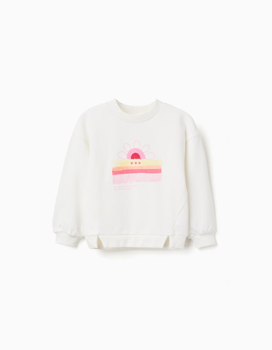 Sudadera niña de algodón con puesta de sol estampada blanco