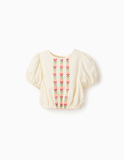 Blusa niña con mangas abullonadas y bordado beige claro - Zippy