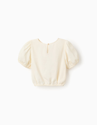 Blusa niña con mangas abullonadas y bordado beige claro - Zippy