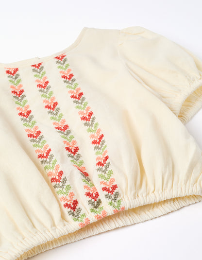 Blusa niña con mangas abullonadas y bordado beige claro - Zippy