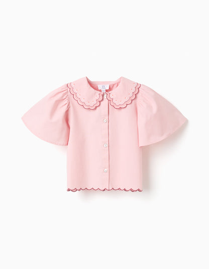 Camisa niña de popelín con cuello festoneado y bordado rosa - Zippy
