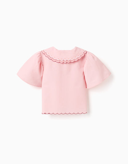 Camisa niña de popelín con cuello festoneado y bordado rosa - Zippy