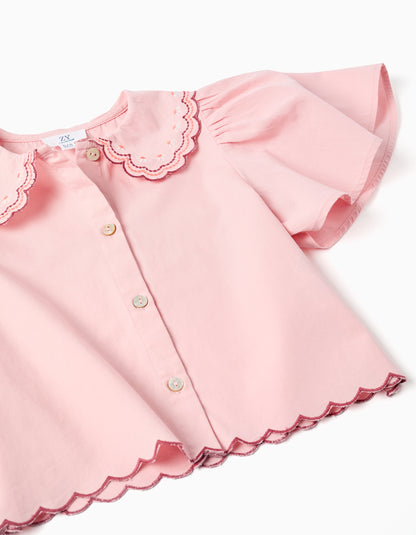 Camisa niña de popelín con cuello festoneado y bordado rosa - Zippy