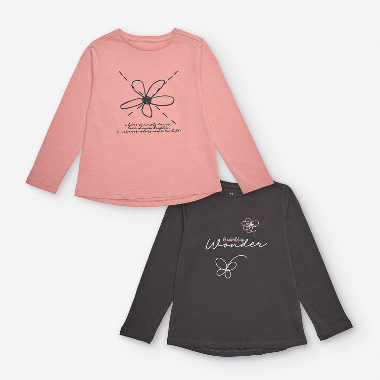 Lote de 2 Camisetas Niña 'Flower', Rosa/Gris