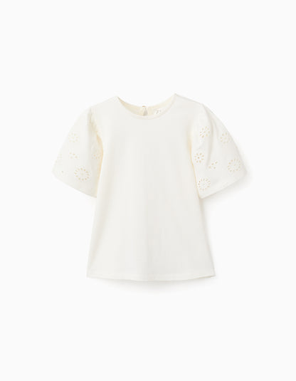 Camiseta niña de algodón con mangas en bordado inglés beige claro - Zippy