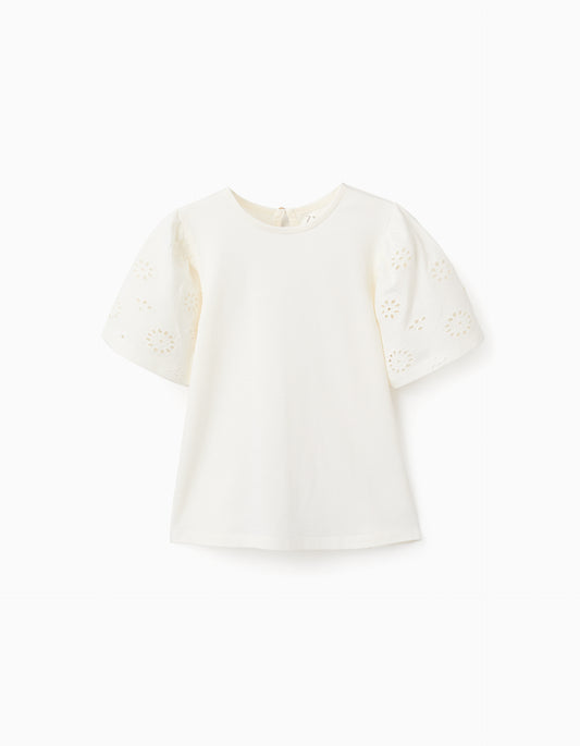 Camiseta niña de algodón con mangas en bordado inglés beige claro