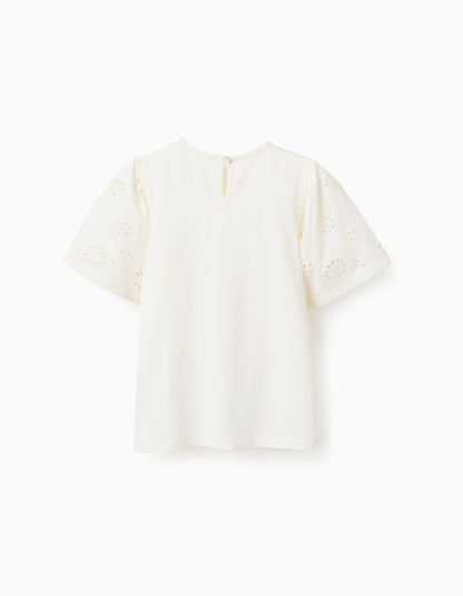 Camiseta niña de algodón con mangas en bordado inglés beige claro - Zippy