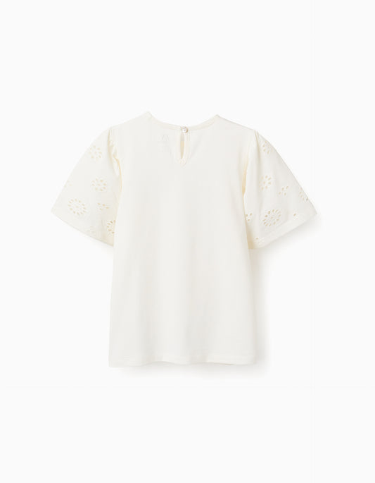 Camiseta niña de algodón con mangas en bordado inglés beige claro