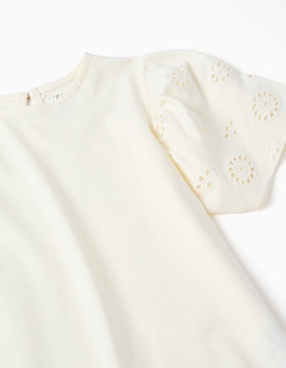 Camiseta niña de algodón con mangas en bordado inglés beige claro - Zippy