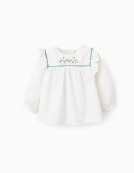 Camisa Flor Bordada Sarga Ligera para Bebé Niña Blanca