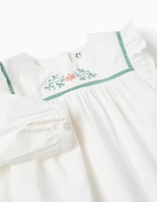 Camisa Flor Bordada Sarga Ligera para Bebé Niña Blanca