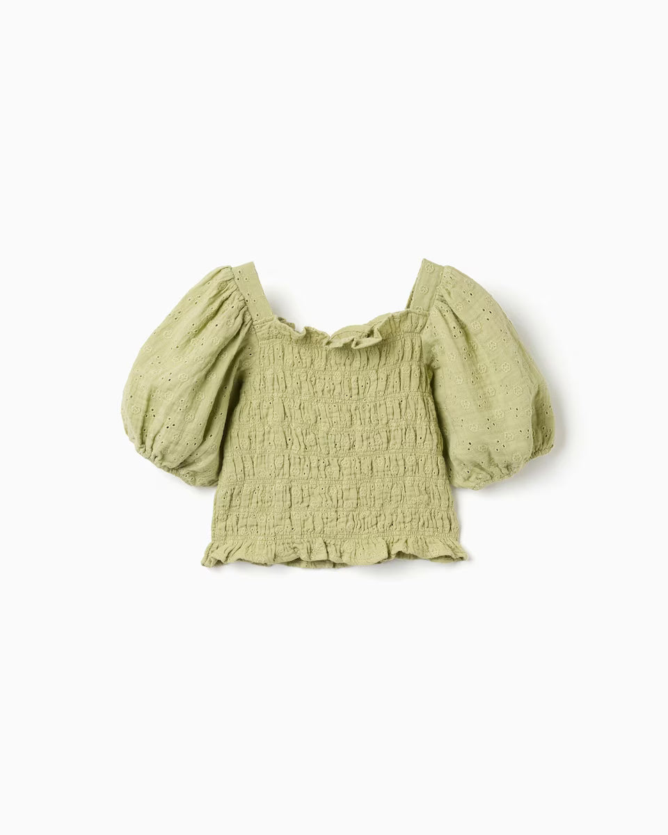 Blusa niña con mangas abullonadas verde