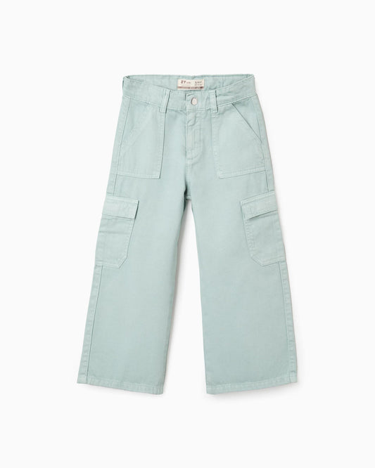 Pantálon de niña de sarga wide leg y con bolsillos cargo